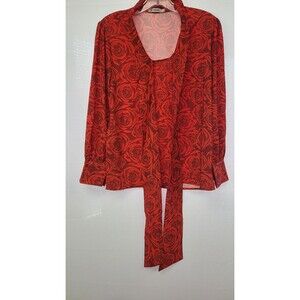 Chanel Womens Sz Small Red Rose Print Blouse Top Shirt Tie